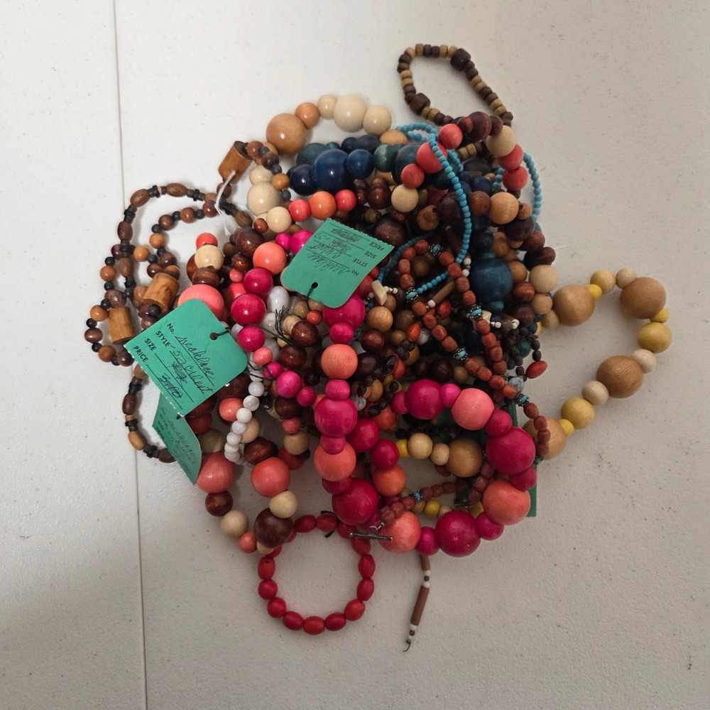 Vintage Boho Wood Bead Necklace Lot Chunky Multi Color Tribal Eclectic Jewelry